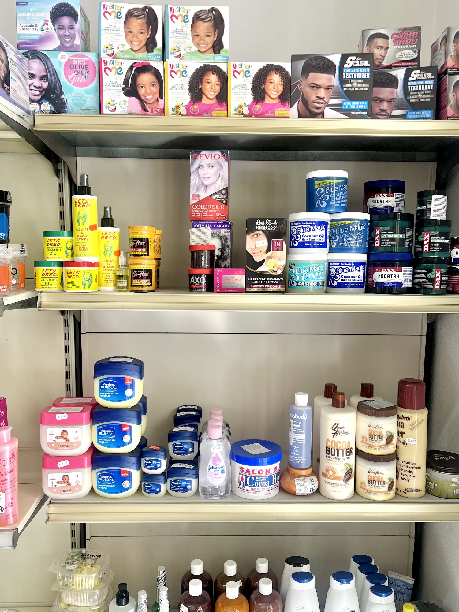Prodotti per capelli Just for Me, Blue Magic e S-Curl e creme Vaseline