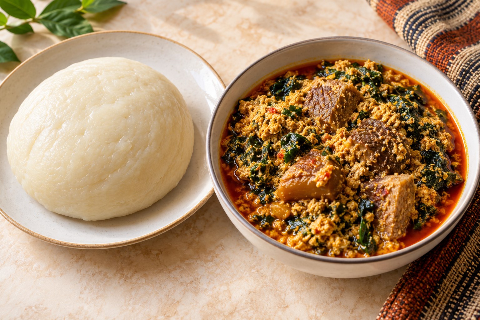 Fufu di cassava con zuppa egusi e carne